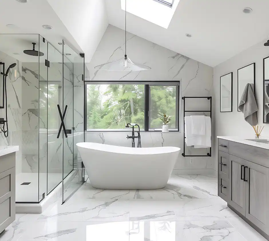 Fully remodeled bathroom with tiled walk-in shower