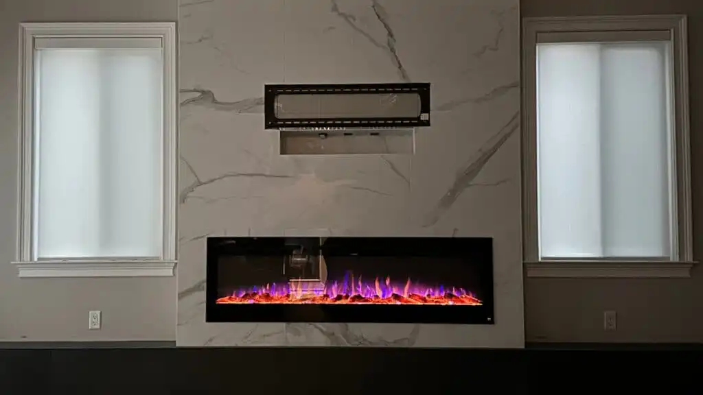 Remodeled fireplace with tiled surround and mantel