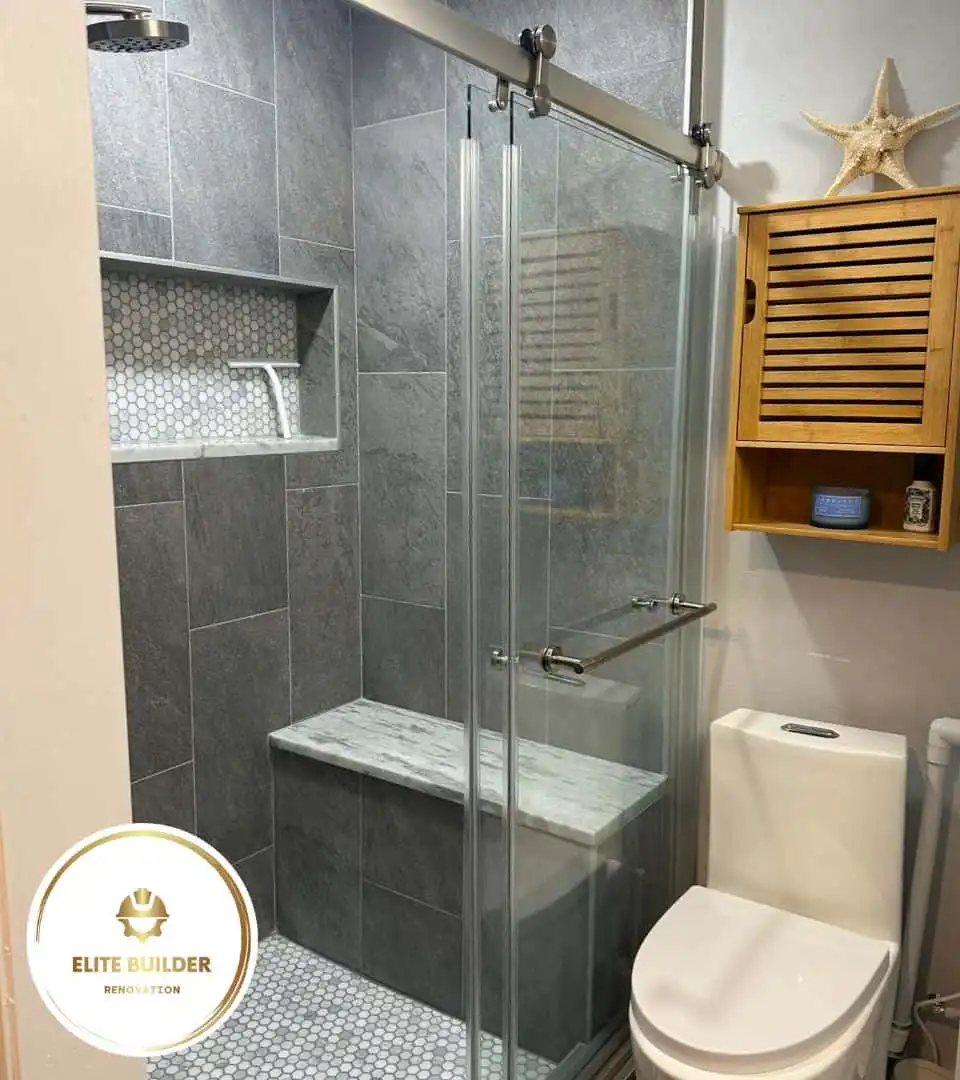 Finished walk-in shower and vanity in St. Petersburg